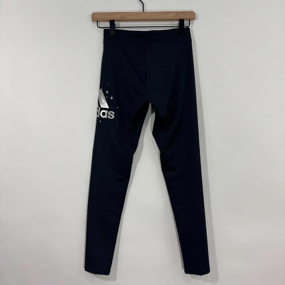 Adidas Big Girl’s Size Large 14 Black Silver Logo Sporty Athletic Tights New - Picture 8 of 9